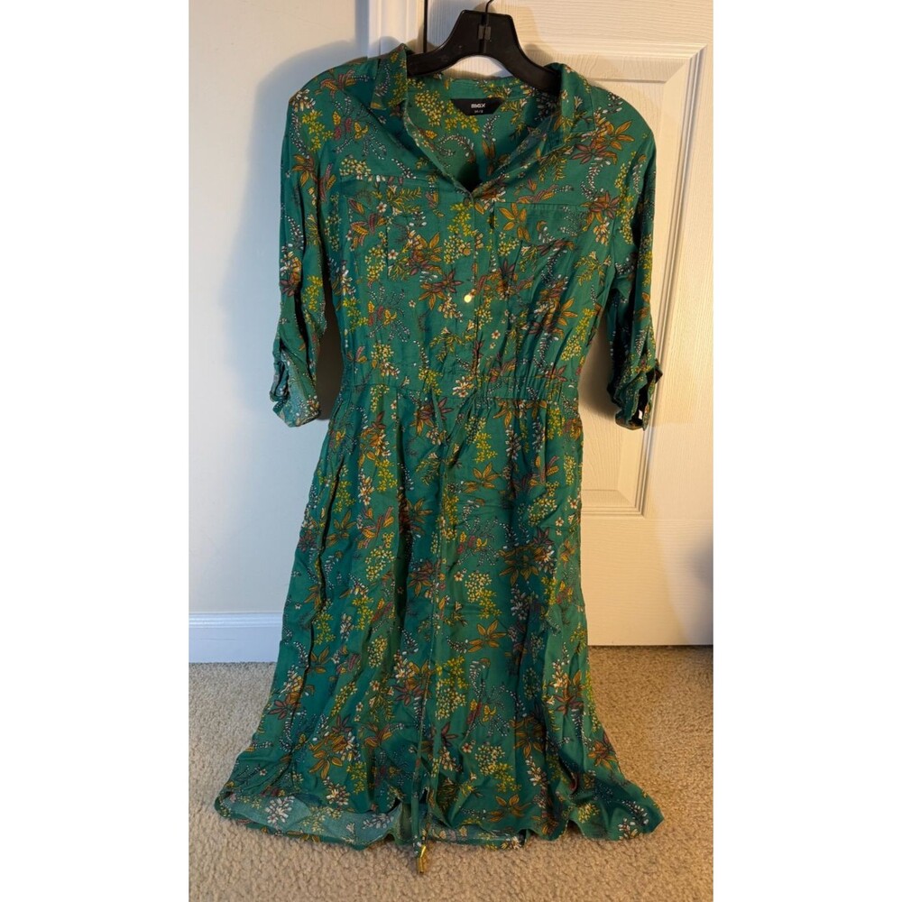 Max Women's Green Botanical Floral Button Front Shirt Dress XS 8 Roll Tab Sleeve